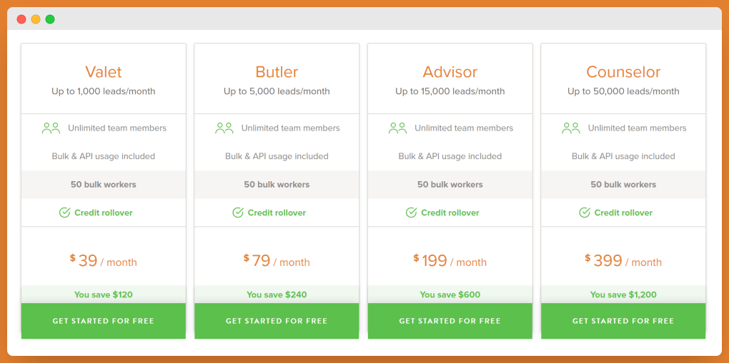 Pricing plans for Voila Norbert, a good alternative to skrapp.io