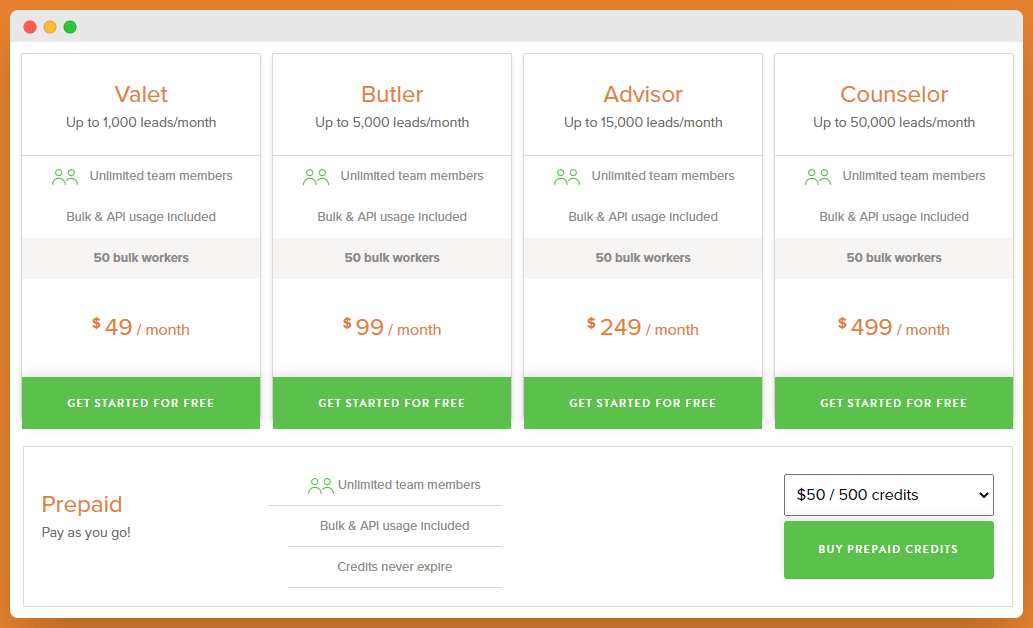 A table showing Voila Norbert (an alternative to hunter.io) pricing plans.