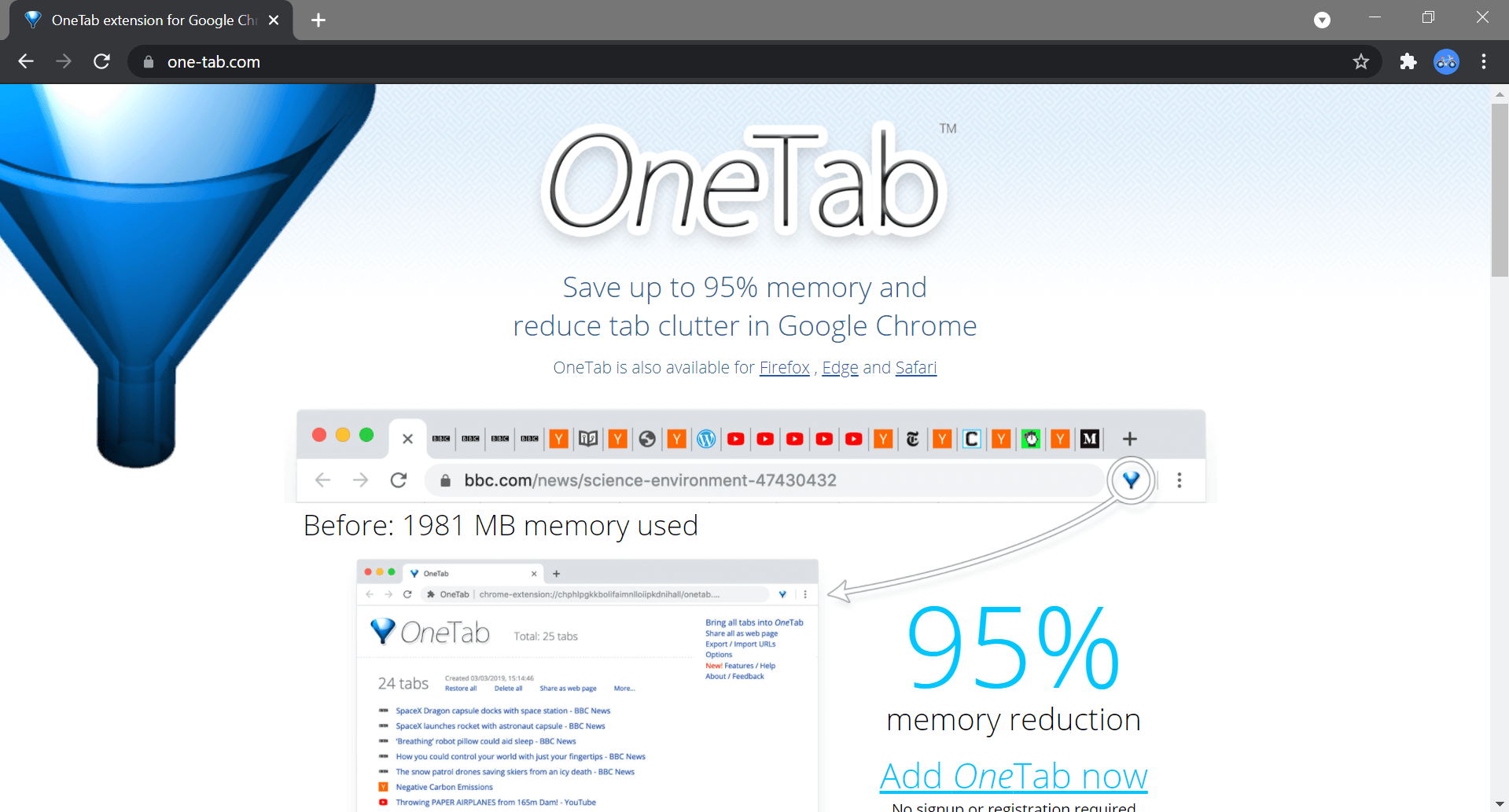 OneTab on Google Chrome